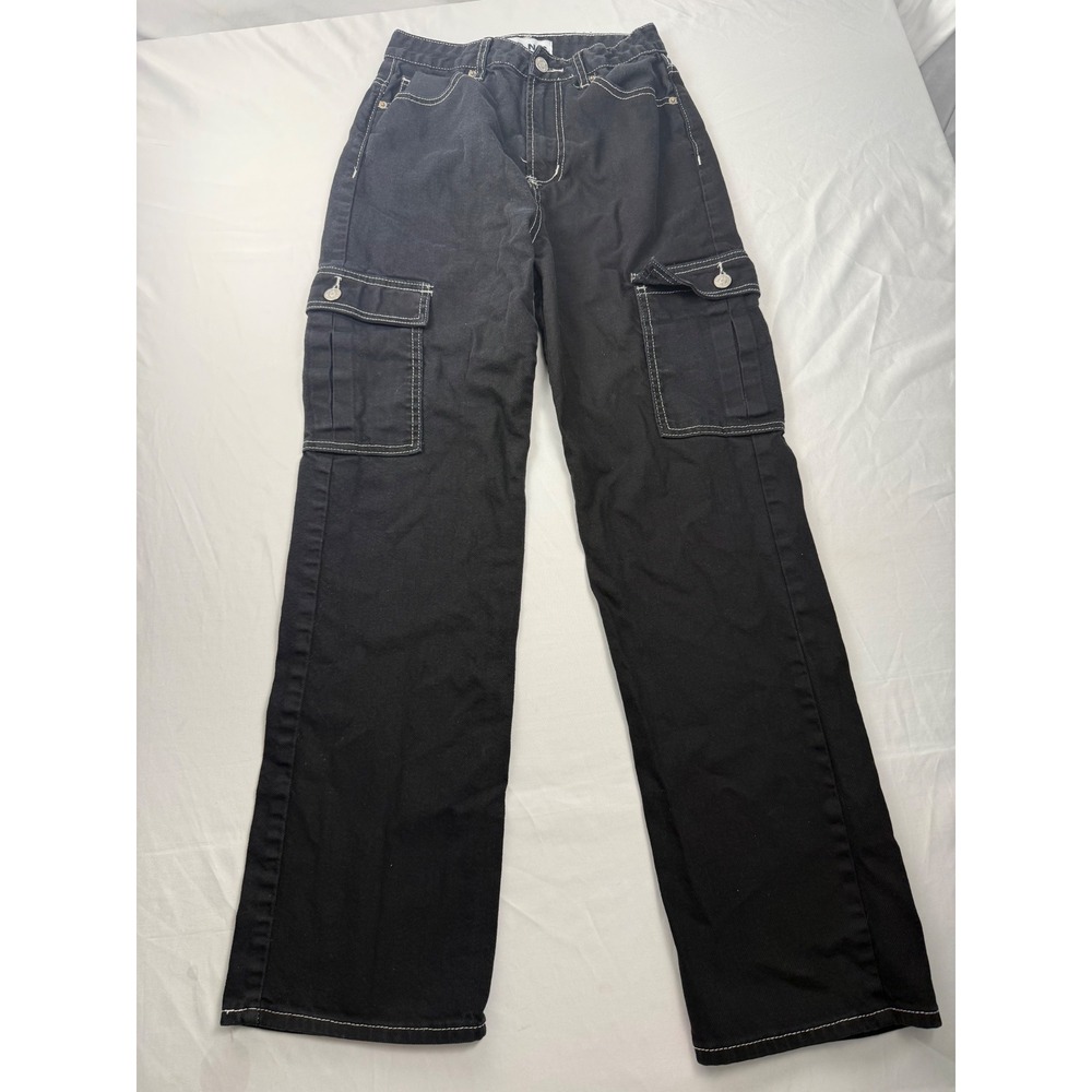 SONG 3/26 Black Contrast Stitch Cargo Pants Womens High Rise Straight Leg‎ Denim